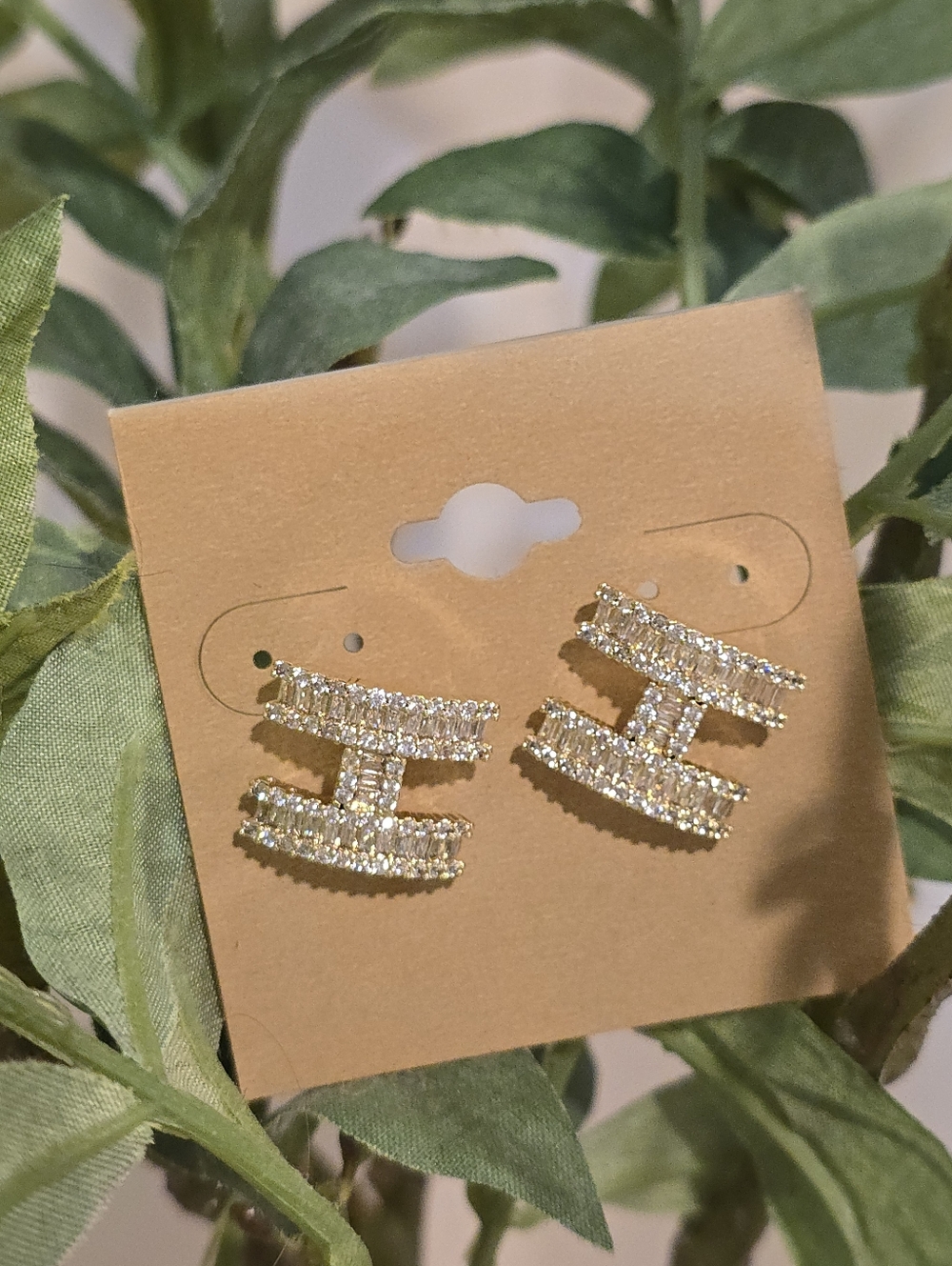Gold-Tone Crystal H Shaped Stud Earrings - Women's Fashion Jewelry